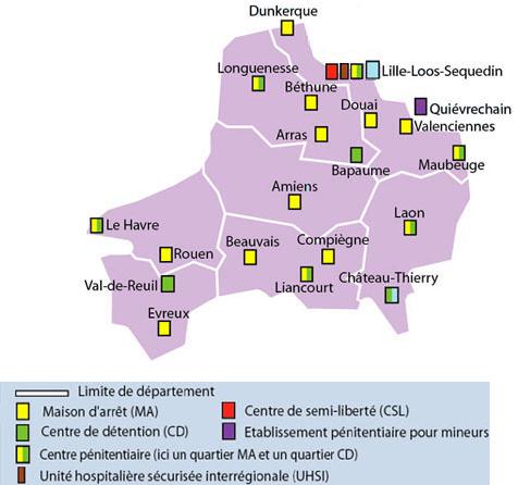 Carte pénitentiaire de la DISP de Lille
